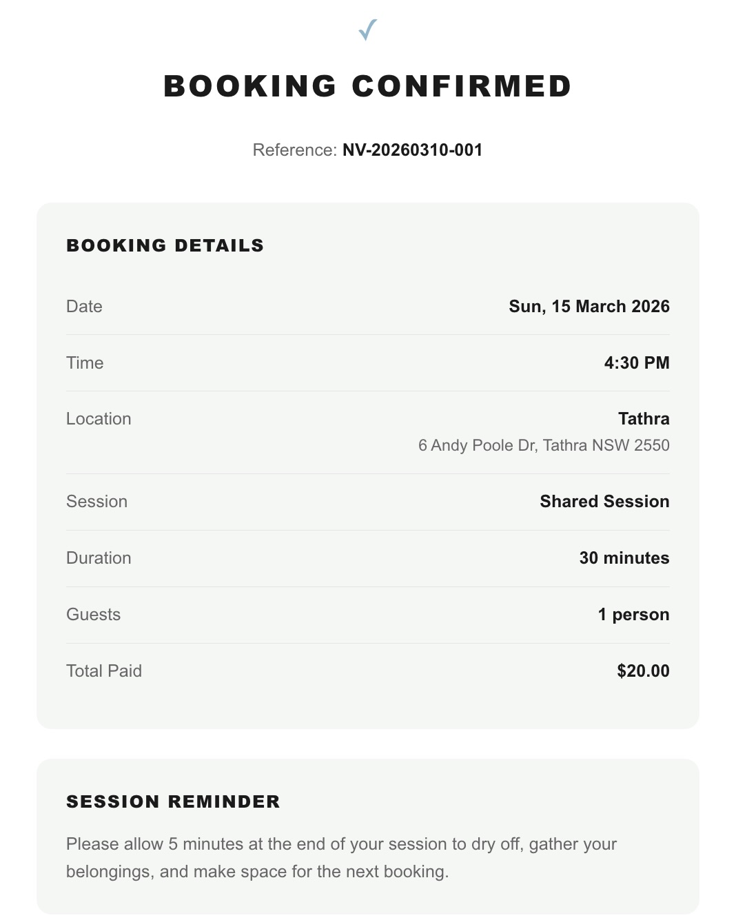 Booking confirmation with reference, date, time, and location